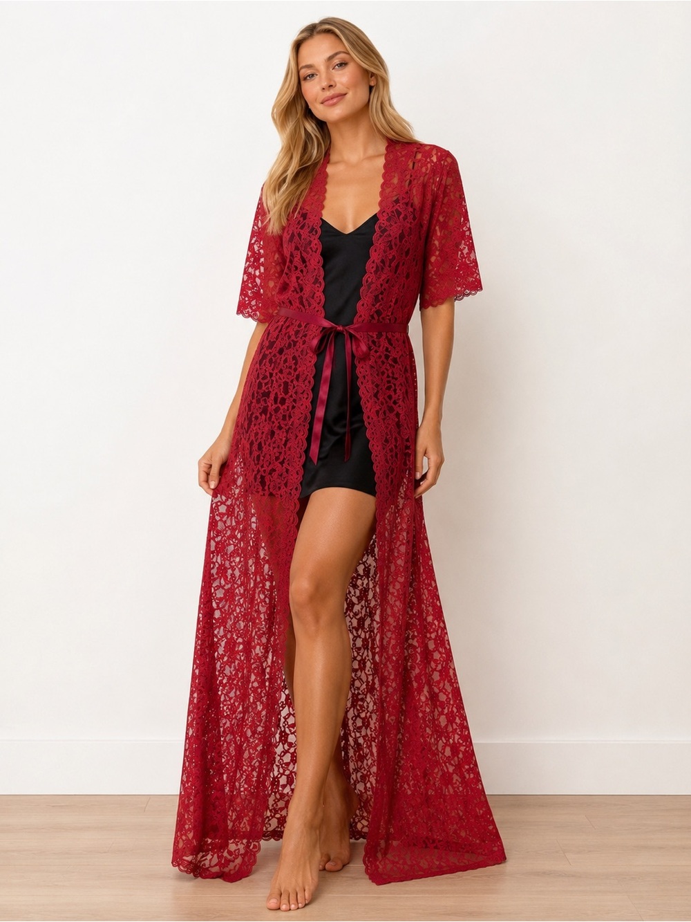 Vintage Pinehurst Lace Peignoir Robe S Red Sheer Maxi Bridal Boudoir USA Duster